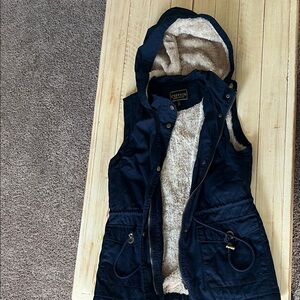 Navy Blue Hooded Vest with Faux Fur Lining
